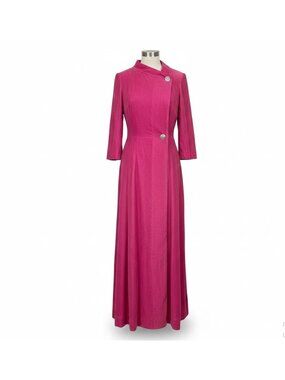 Vintage Womens Pink Velvet Long Sleeve Maxi Dress With Rhinestone Buttons